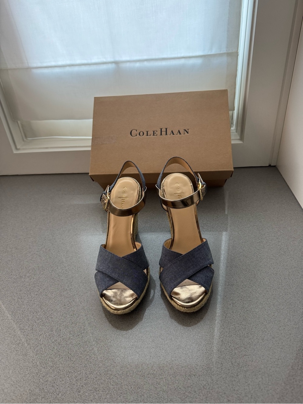 Vintage Cole Haan Denim Canvas Wedge Sandals with Gold Metallic Accents.